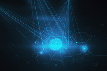Obraz premium Creative digital fingerprint hologram on dark background with lines. Cyber datanase and access concept. 3D Rendering.