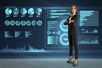 businesswoman with folded arms standing on abstract glowing background with business charts and graphs hologram. Finance, ai, digital transformation and fintech concept.