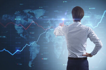 Forex market, analytics and global trading concept with trader back view touching digital wall screen with world map template and financial chart indicators and graphs