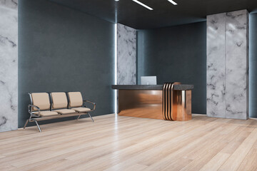 Simple concrete, wooden and marble office lobby interior with shiny reception desk, seat and other objects. 3D Rendering.