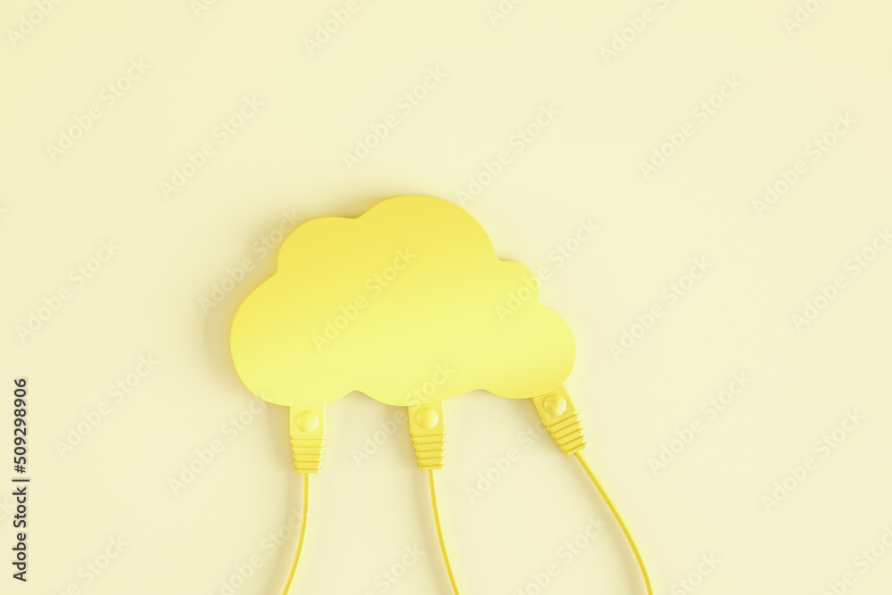 Poster creative cables connected to yellow human brain on light background. neuroscience and brain research