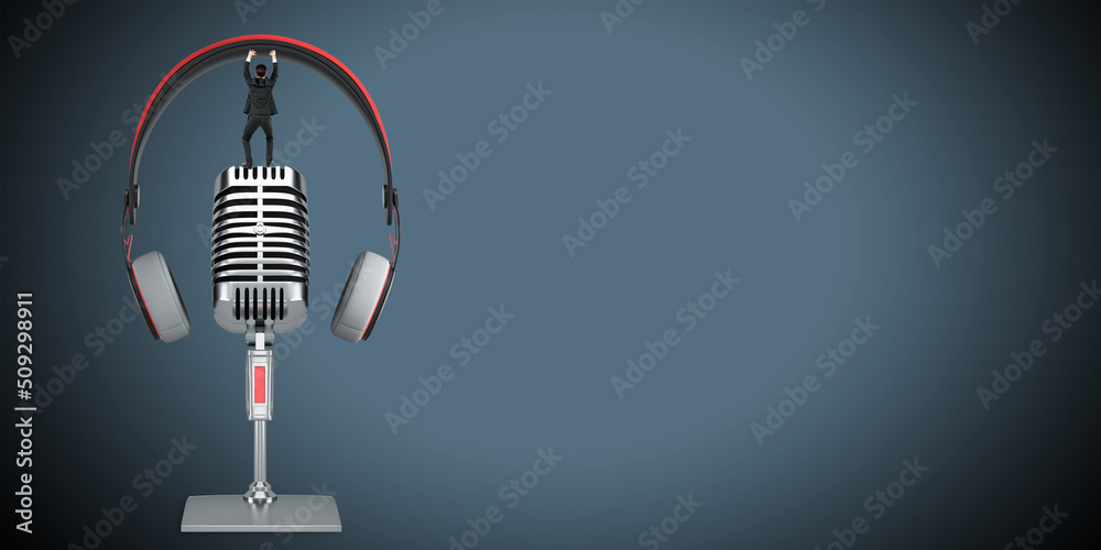 Poster Close up of silver mic and headset on gray background with mock up place. Podcast and information concept. 3D Rendering.