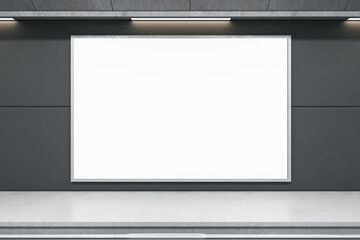 Front view on blank white banner with place for your logo or text in empty subway area with light grey floor and rails. 3D rendering, mock up