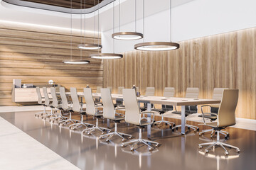 Perspective view on sunny stylish spacious conference room with modern round lamps above huge wooden table surrounded by beige chairs, wooden walls and glossy floor. 3D rendering