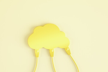 Creative cables connected to yellow human brain on light background. Neuroscience and brain research concept. 3D Rendering.