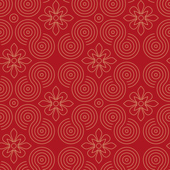 Seamless red background with yellow wavy pattern and flowers