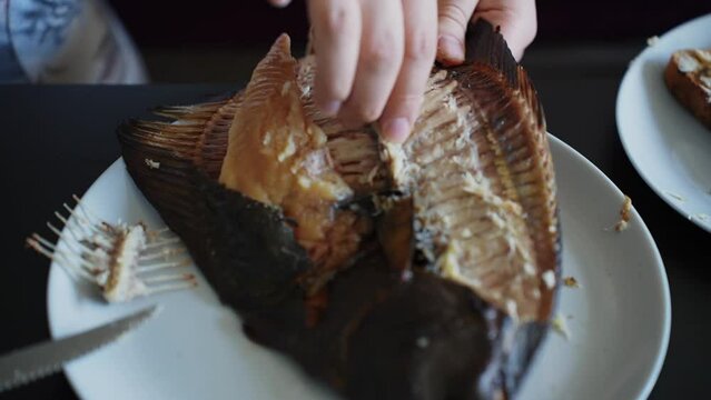 Eating Smoked Fish with Hands, Healthy Dinner at Home, Slow Motion