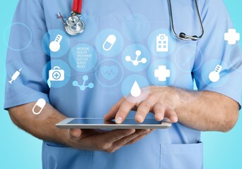 medical coverage insurance concept, hands doctor covering symbols and icons template