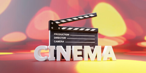 CINEMA and Movie clapper. Film scene clapperboard and text on colorful background. 3d render