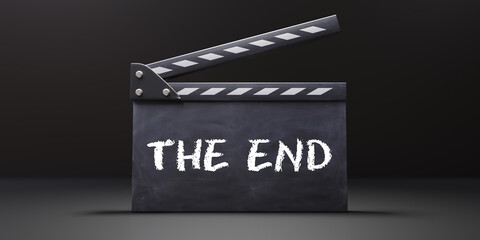 Naklejka premium Movie clapper, THE END text on cinema scene clapperboard. Filmmaking, video production. 3d render