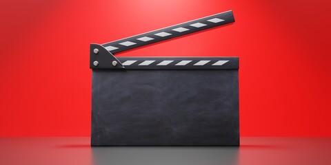 Movie clapper, blank empty clapperboard on red background, copy space. Filmmaking, video. 3d render © Rawf8