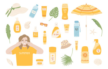Set products with SPF. Collection with sunscreen, spray, umbrella, glasses and a woman smears her face with cream. Illustrations with objects protect the skin from ultraviolet radiation. Vector