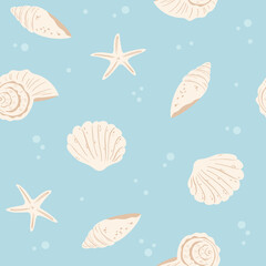Seamless pattern with sea, shell and starfish. Illustration seabed summer in flat style for wallpaper, fabric and textiles. Summer blue background. Vector