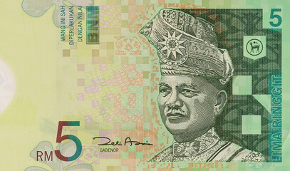 Close up on Malaysian Ringgit banknote. Malaysian money or bank notes. 