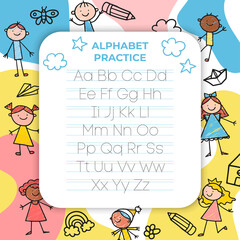 Alphabet letters tracing sheet with all letters of the alphabet. Kids worksheet with alphabet letters. Basic writing practice for kindergarten children  vector illustration learning