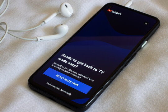 Monterey Park, CA, USA - May 12, 2022: YouTube TV reactivation pop-up is seen when the YouTube mobile app is launched on a Google Pixel smartphone.