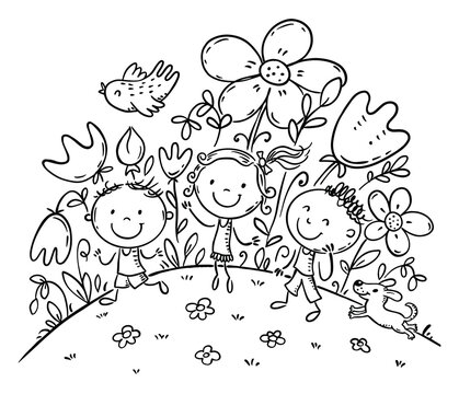 Outline doodle kids on flowering hill