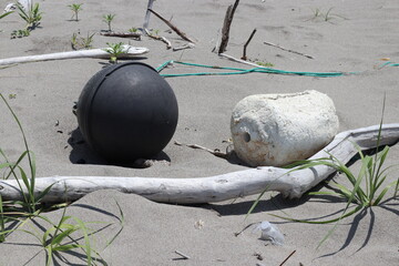 Marine debris washed up on a sandy beach