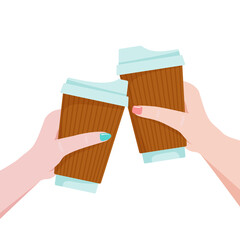 Two girls are holding cups of coffee in their hands. Two hands clink cups of coffee.