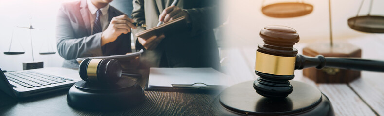 Judge gavel with Justice lawyers having team Concepts of Law and Legal services