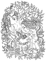 Fantasy line art illustration with beautiful princess girl and unicorn for coloring.