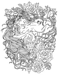 Fantasy line art illustration with beautiful princess girl and unicorn for coloring.