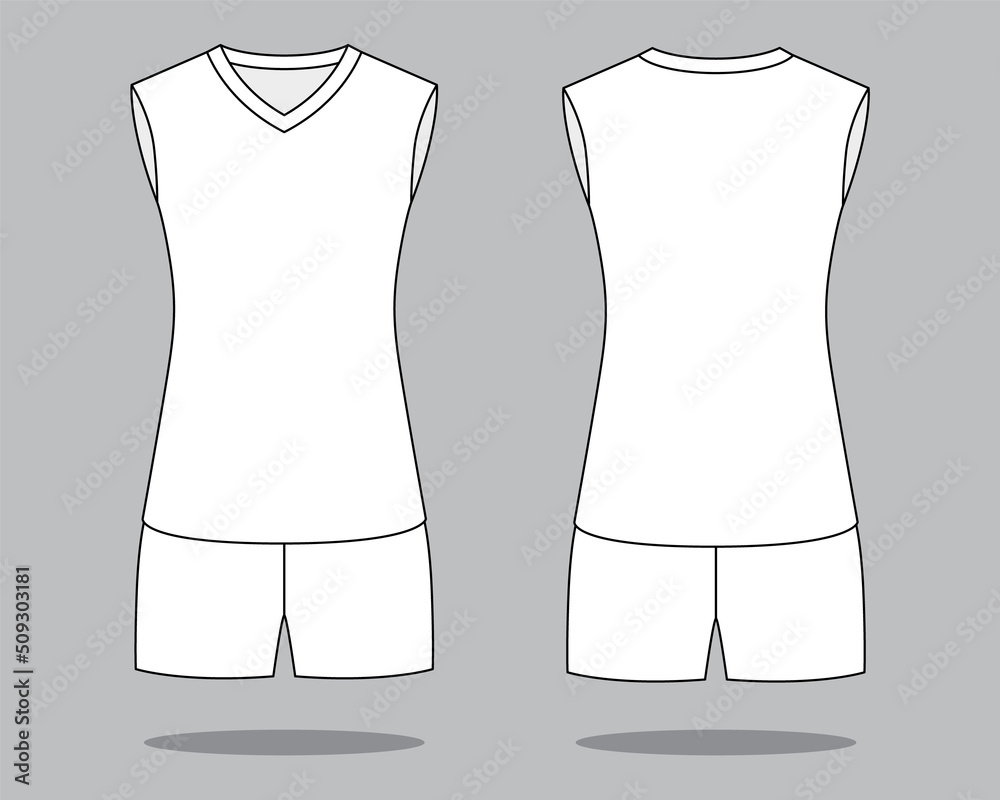 Wall mural Women's blank white sleeveless volleyball jersey template on gray background. Front and back view, vector file.