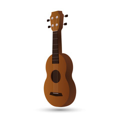 Ukulele brown small guitar, four strings with shadow. Music playing instrument from Hawaii. Vector illustration