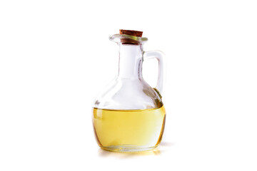 Yellow sunflower, hemp or olive oil in a bottle with a wooden stopper on a white background.