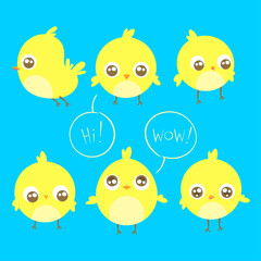 Little cartoon yellow chickens in different poses. Saying Hi and Wow Vector illustrations.