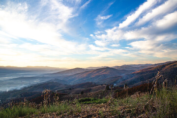 Ban Bon Na Viewpoint at sunrise with fog above Mae Chaem, Doi Inthanon national park, Chiang Mai, Thailand