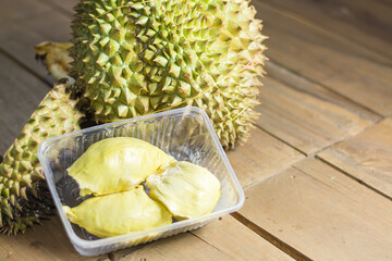 Ripe durian. Delicious durian. peeled and put in a box takeout concept
