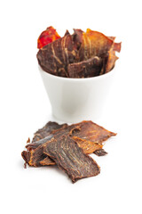 Beef jerky meat. Dried sliced meat isolated on white background.