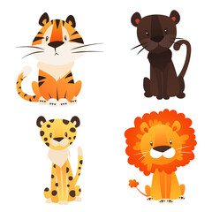 Cute vector illustration animals, wild big cats tiger, lion.