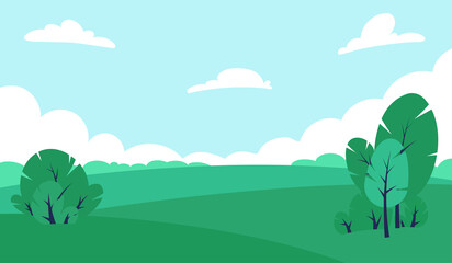 Fototapeta premium Meadow with green trees landscape field and blue sky, ecology concept, banner. Vector illustration.