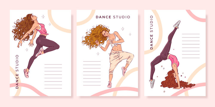 Hand drawn dance studio poster collection. Vector illustration of beautiful young dancing women