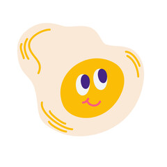 Scrambled eggs with eyes. Happy Floating Egg. Decoration for postcards, patches, prints for clothes, badges, posters. Vector cartoon illustration isolated on the white background.