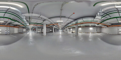 full  spherical hdri 360 panorama in empty underground garage parking with columns with...