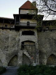 One of the towers of the medieval defensive wall of the city of Tallinn against the blue sky on a sunny spring day.Vanalinn district.