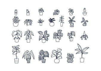 手書きの観葉植物、インテリアグリーンのイラストセット（背景透過）