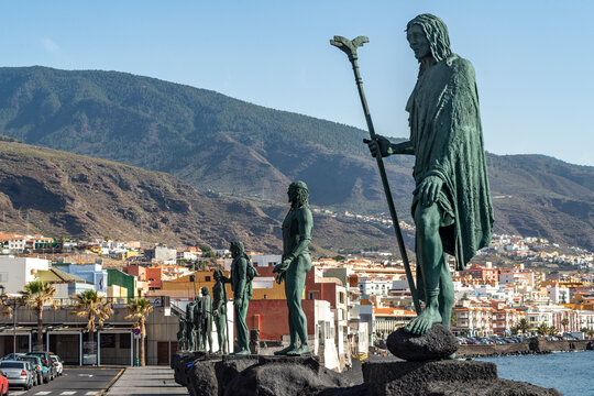 Sculpture of the guanche mencey Bencomo in the waterfront of Candelaria, Tenerife, Canary Islands, Spain