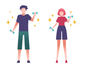 男女がダンベルでトレーニングしているイラスト　人物フラットイラスト　let's training!