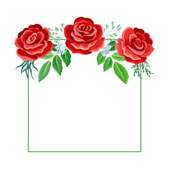 Square Rose Frame with Red Lush Bud and Green Leaves Arranged in Shape with Border Vector Illustration