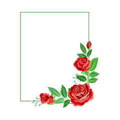 Rectangular Rose Frame with Red Lush Bud and Green Leaves Arranged in Shape with Border Vector Illustration