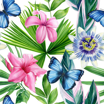 Seamless pattern. Tropical flowers, butterfly and palm green leaves. Floral background. 