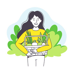 Saving Ecology with Young Woman Holding Basket with Organic Veggie Caring about Green Planet and Nature Vector Illustration