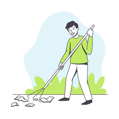 Saving Ecology with Young Man with Rake Gathering Garbage Caring about Green Planet and Nature Vector Illustration
