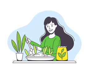 Saving Ecology with Young Woman Cultivating Plant in Pot Caring about Green Planet and Nature Vector Illustration