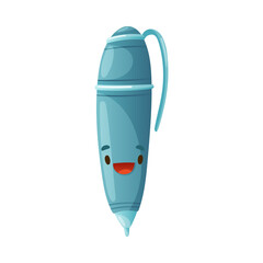 Funny Ballpoint Pen as School Item with Smiling Face as Cartoon Education Supply Vector Illustration