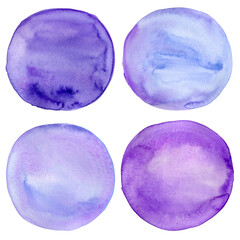 Purple circles, set of abstract elements on white isolated background watercolor hand drawing
